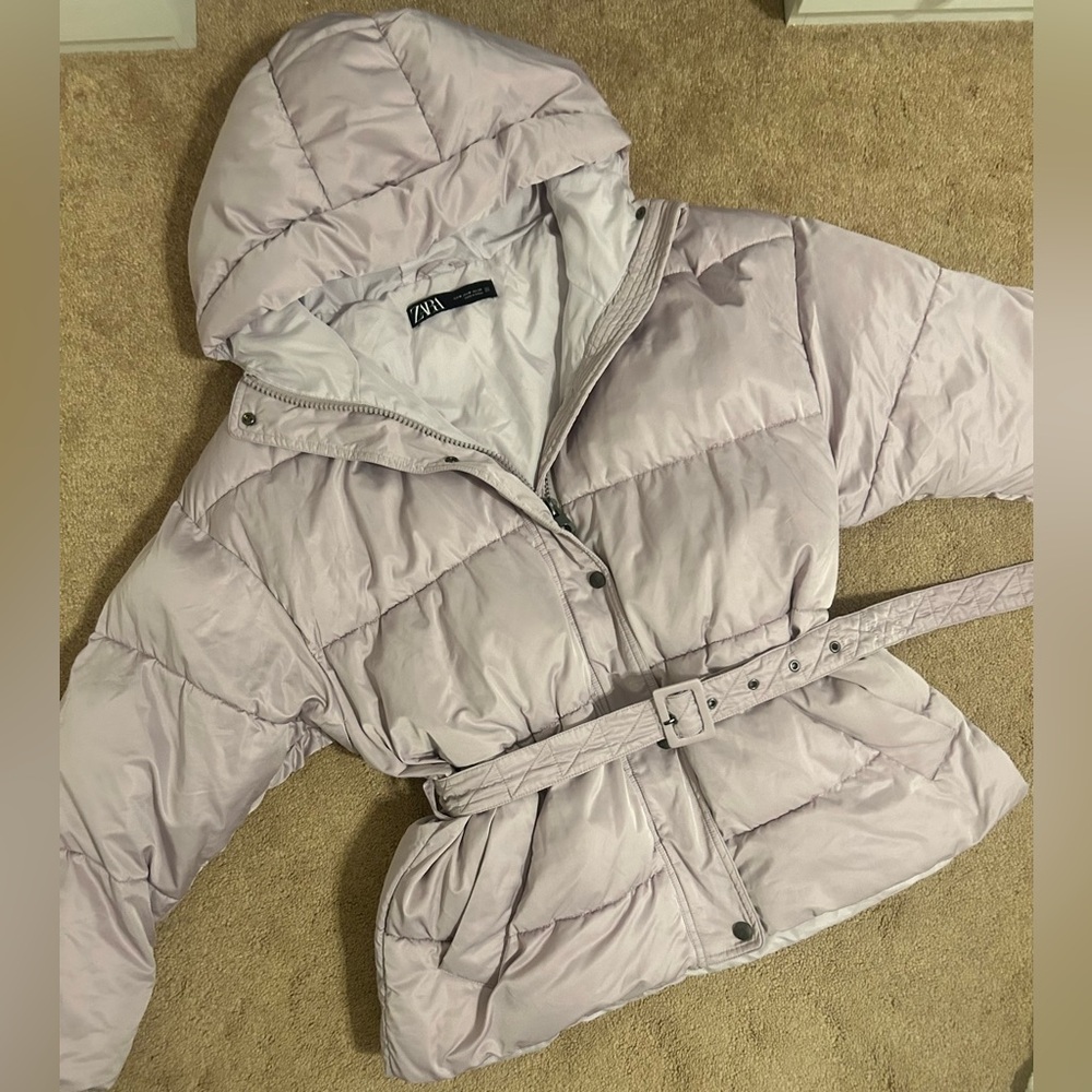 Zara Lilac Puffer Jacket with Belt